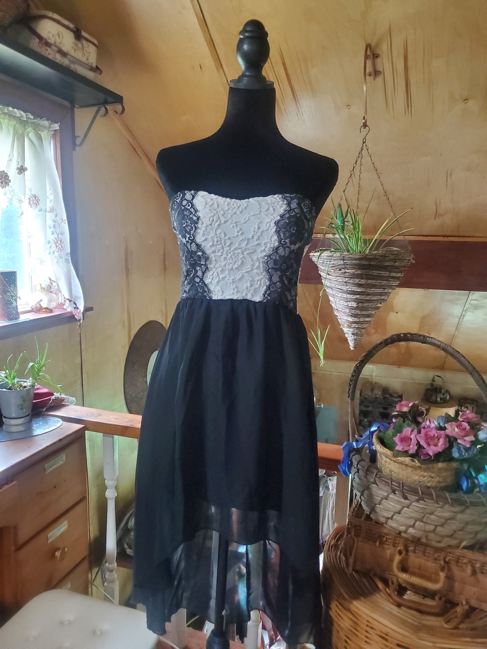 Strapless Black and White Lace High-Low Cocktail Dress
